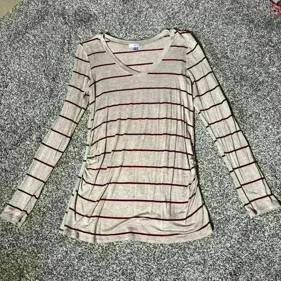 JUNIPER LANE MATERNITY Beige Burgundy Striped V-Neck Long Sleeve M - Picture 1 of 8